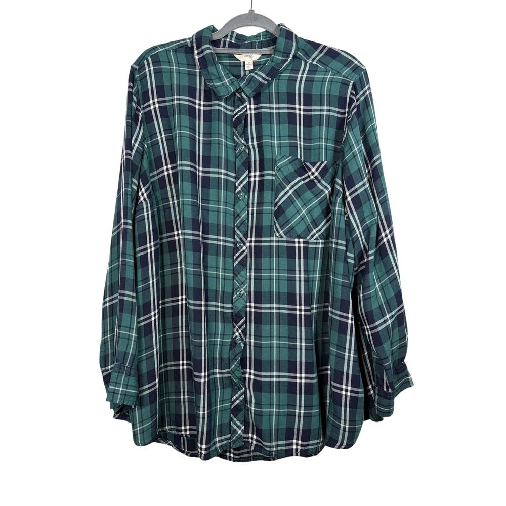 Terra & Sky Plaid Flannel Button Down Shirt Green Blue Cozy Cabincore Size 3X